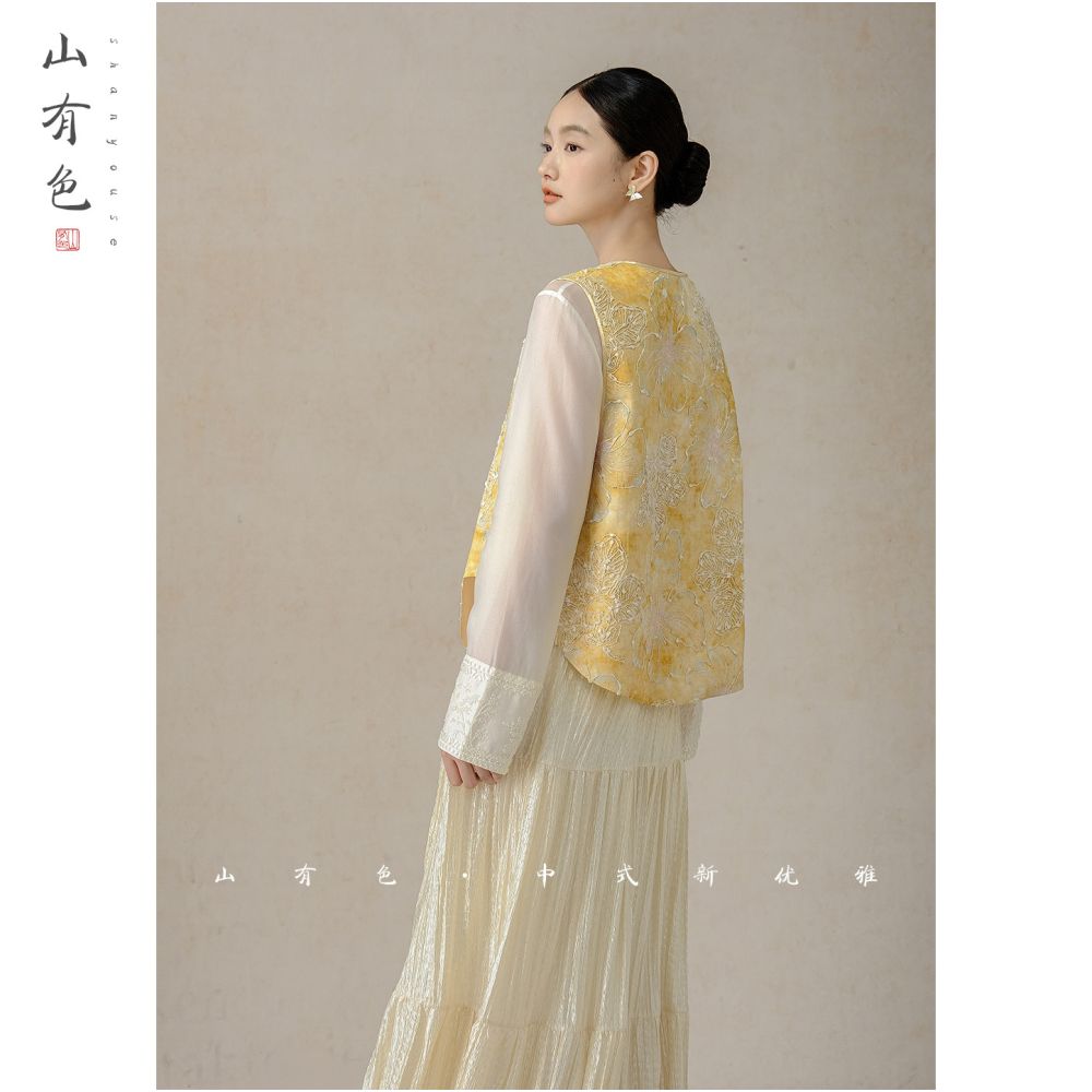 Mountain colored gold thread 2025 autumn women s new Chinese light style silk embroidery vest jacquard round neck shoulder image 4