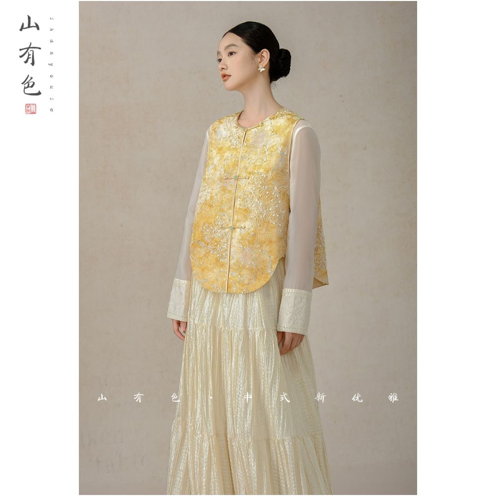 Mountain colored gold thread 2025 autumn women s new Chinese light style silk embroidery vest jacquard round neck shoulder image 0