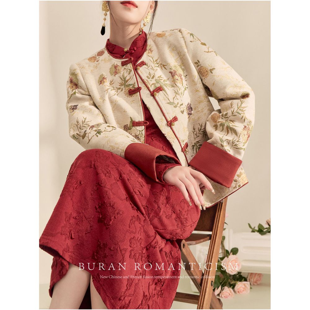 Set of autumn and winter red retro Chinese style new Chinese women s clothing buckle jacket jacquard qipao dress New Year s battle robe image 0