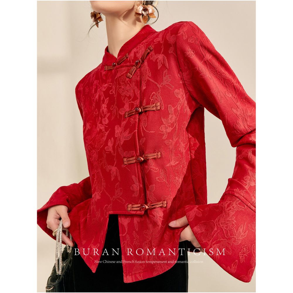 FlowingEra Red Top Women s Retro Jacquard New Chinese Style Song Jin Pan Buckle Inner Top High End Shirt image 0