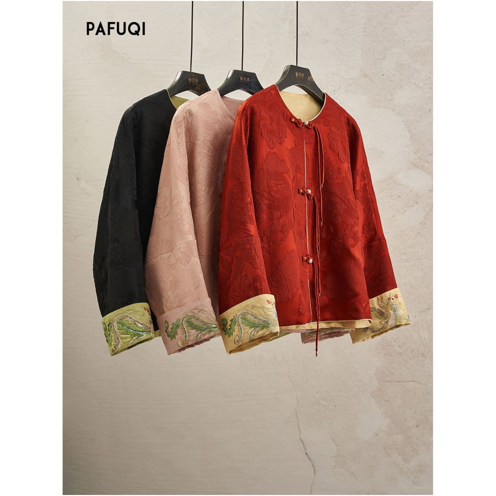 Available in multiple colors this new Chinese style red coat features a mandarin button closure a stand up collar and embroidery making it a perfect New Year s outfit for the Year of the Snake 2026 image 0