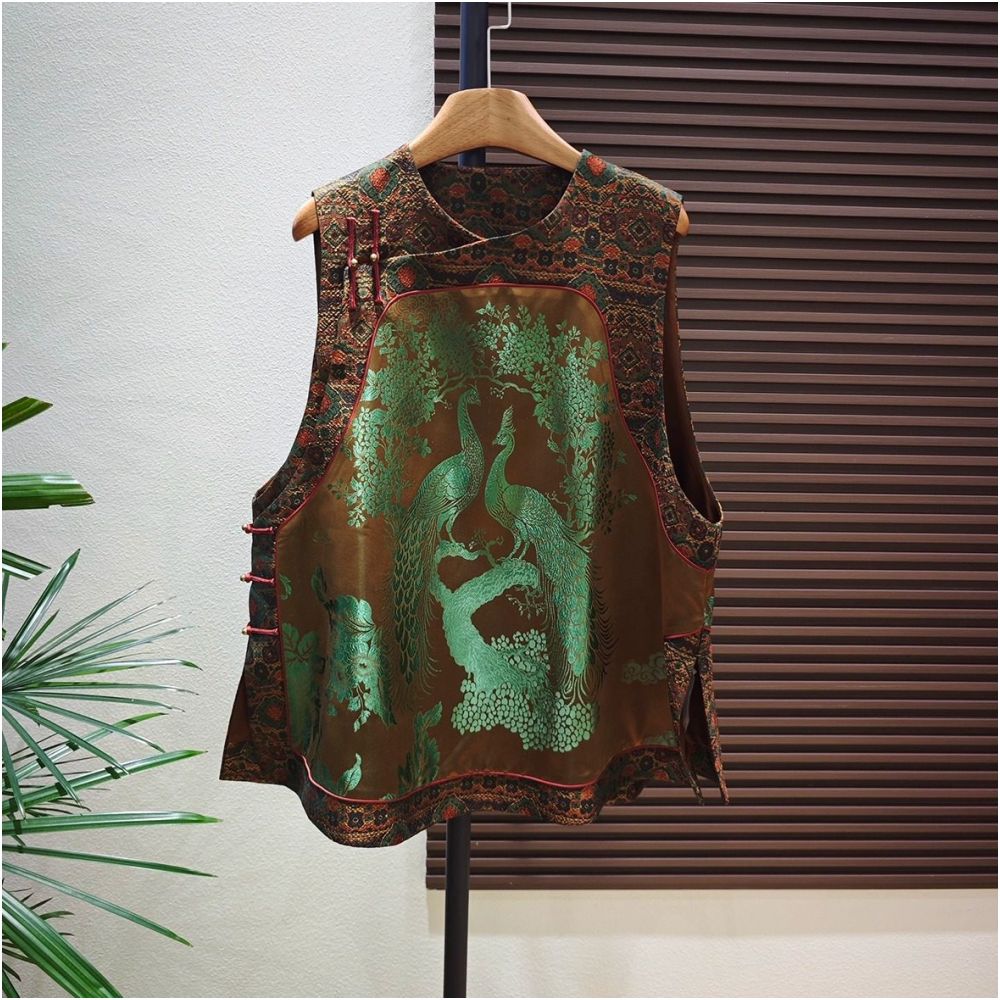 Shanheyue Spirit of the Peacock Mulberry Silk Brocade Old Satin 38 momme New Chinese Style Slanted Placket with Chinese Knots Vest image 0