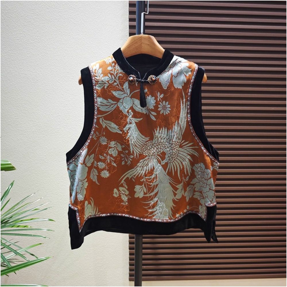Shanheyue Phoenix Blossoms New Chinese Style Stand Collar Top with Chinese Knot Buttons Rayon Silk and Mulberry Silk Patchwork Velvet Vest image 1