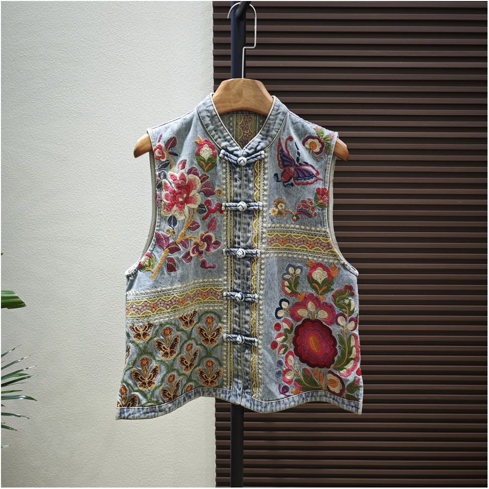 Shanheyue Beauty Scroll New Chinese Style Stand Collar Heavy Embroidery Denim Vest Front Opening with Chinese Knot Buttons Casual Style image 1