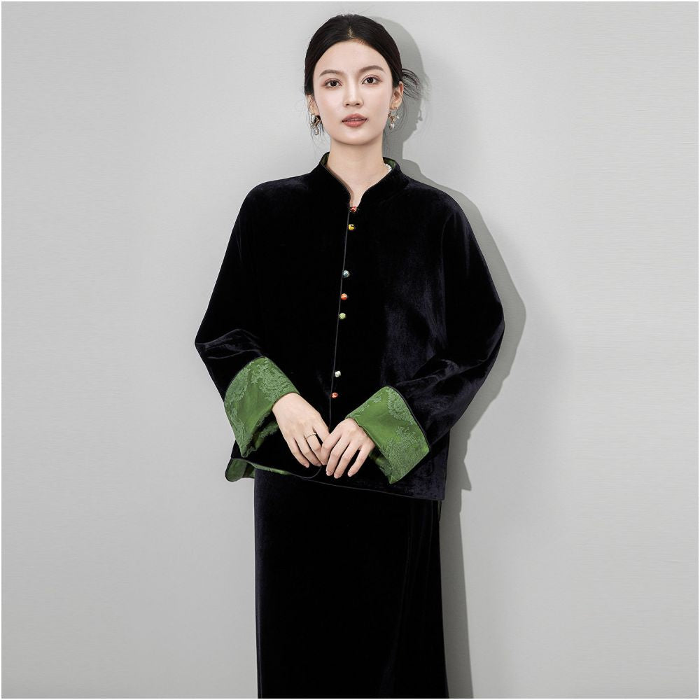 HSSNFZ new Chinese style silk velvet jacquard jacket 2025 autumn long sleeved light luxury double sided wearable Chinese style top image 2