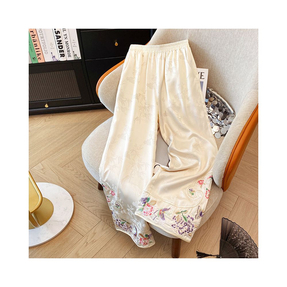 2025 Summer New Thin Silk Jacquard Ruyi Head Embroidery New Chinese Straight Leg Pants Wide Leg Pants image 0