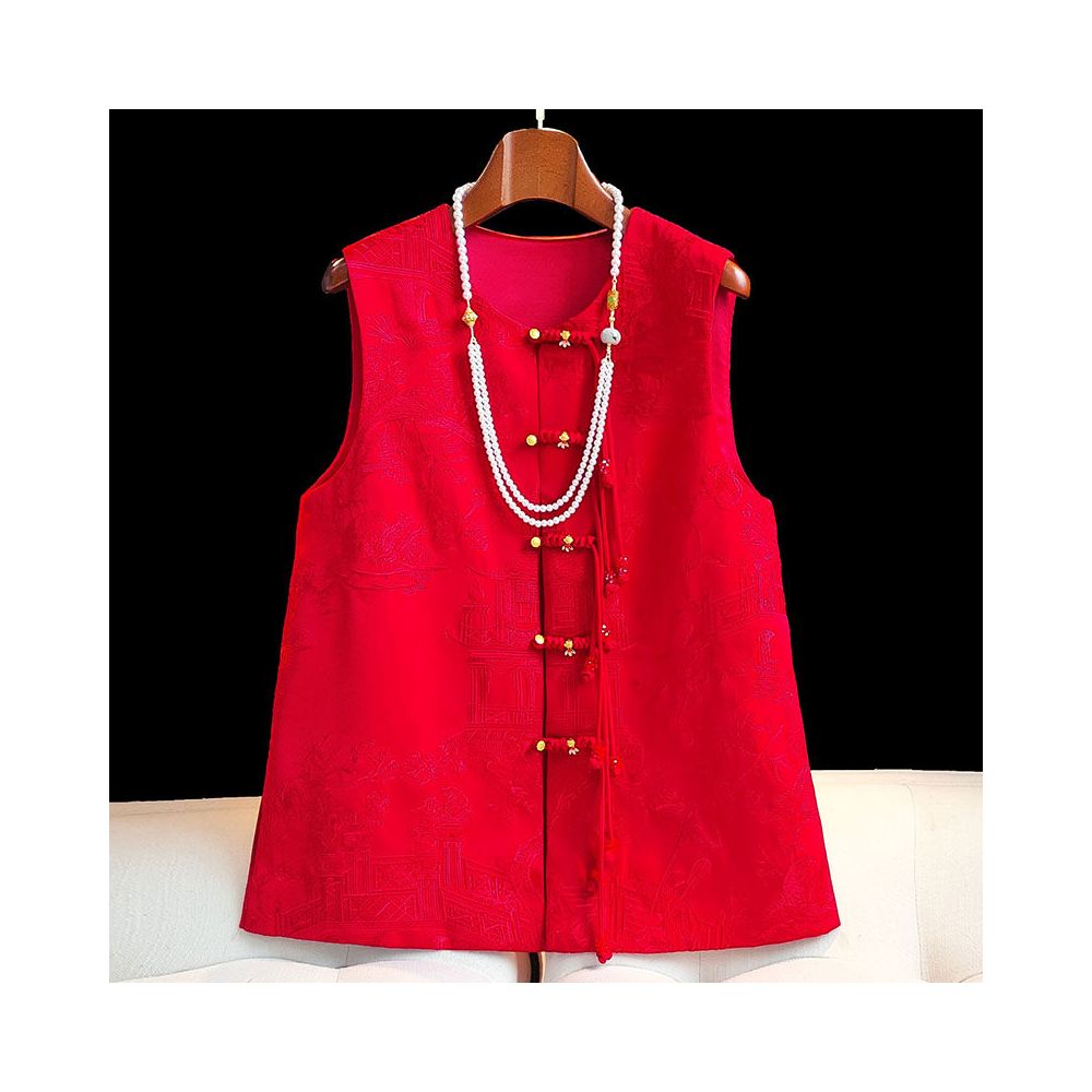 Red high end embroidery new Chinese style buckle acetic acid vest women s retro improved round neck Chinese style top jacket image 1