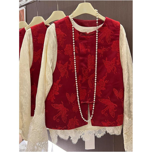 ASAYA5766 – Crimson Butterfly Lace Vest 🦋❤️