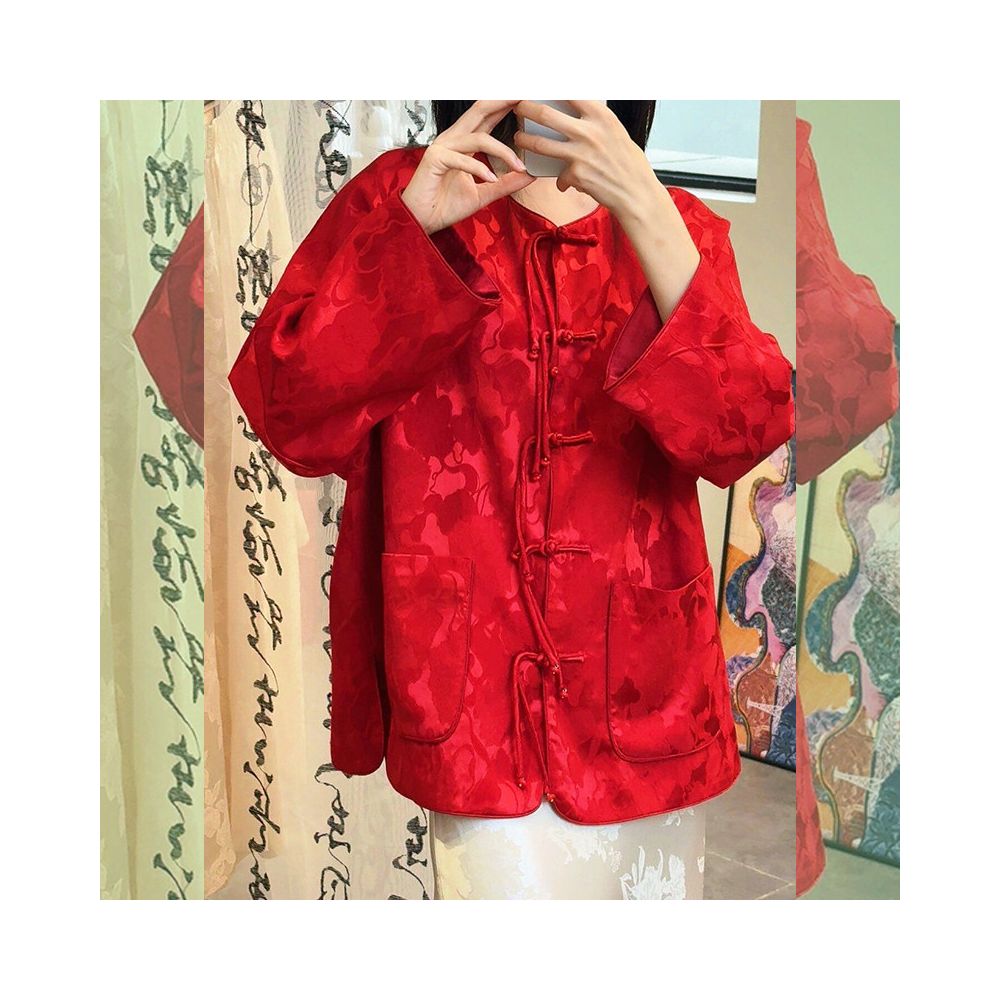 New Chinese style red button down shirt for the Year of the Rooster 2026 Spring suitable for petite women featuring a jacquard satin overlay image 1