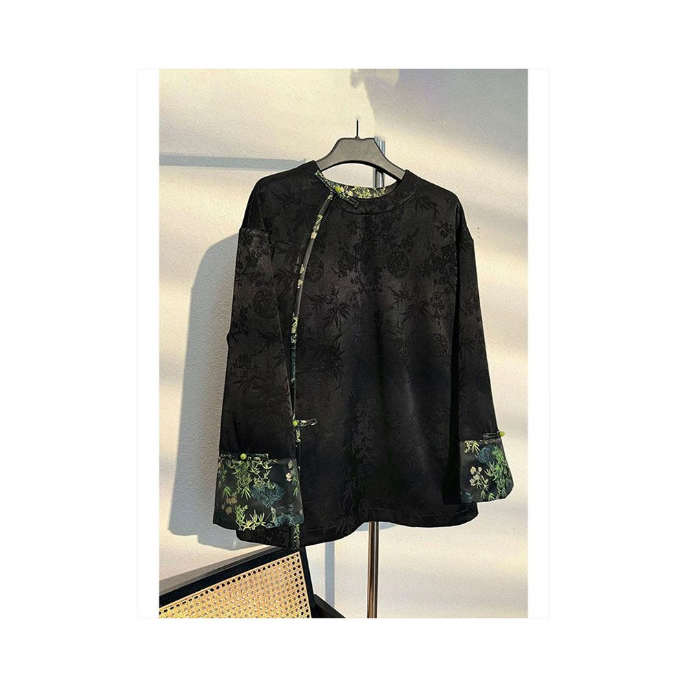 New Chinese style buckle Tang style jacquard spliced top for autumn 2025 light luxury retro Chinese style high end shirt for women image 1