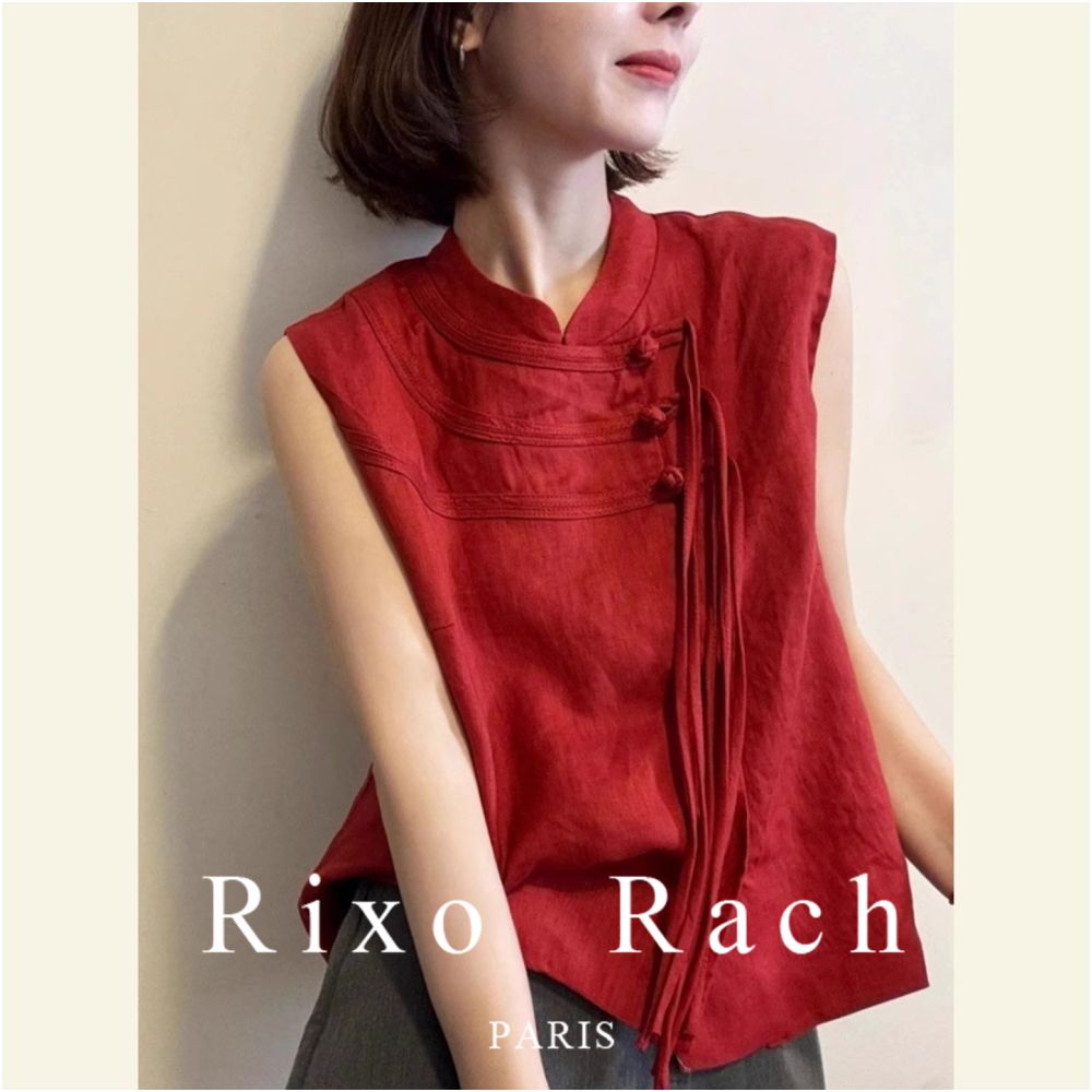 Rixo Rach s new Chinese style red linen sleeveless shirt with a high end feel featuring a button down small stand up collar and a slimming top image 1