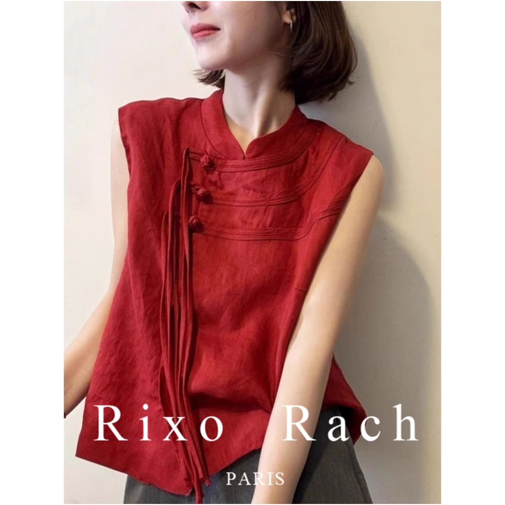 Rixo Rach s new Chinese style red linen sleeveless shirt with a high end feel featuring a button down small stand up collar and a slimming top image 2