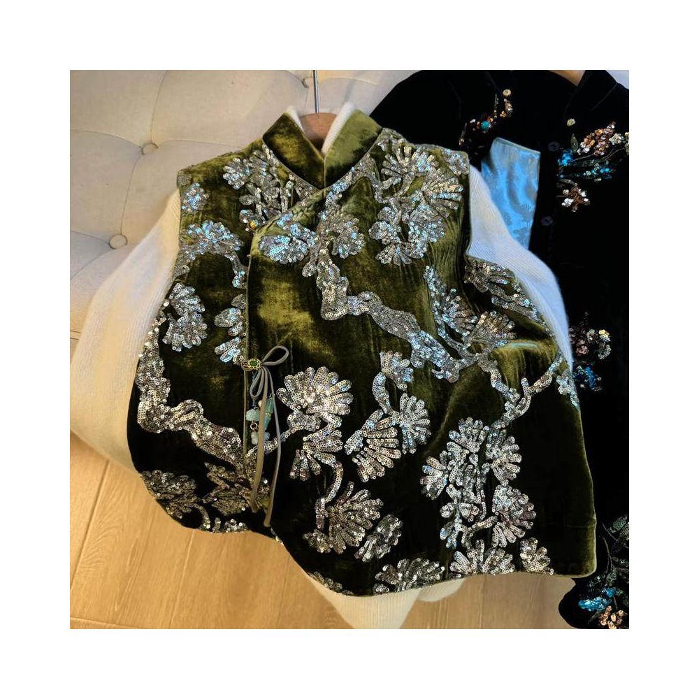 High end fashion heavy industry sequin embroidery new Chinese style vest women s 2025 spring edition unique velvet retro jacket image 0