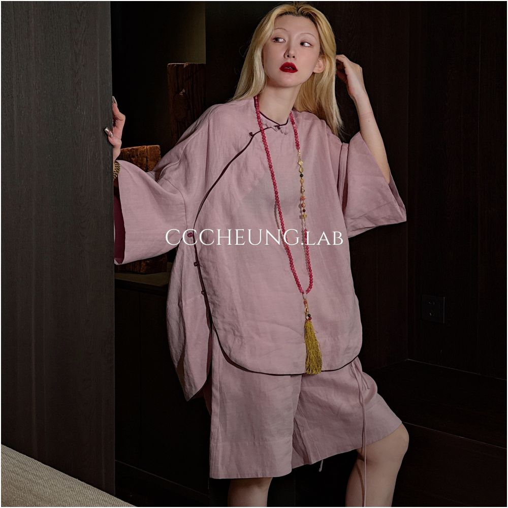 Xi Yi Xi Peach Blossom Fan New Chinese Style Set Women s Design Shirt Shorts Two Piece Set 5DB V8107 image 0