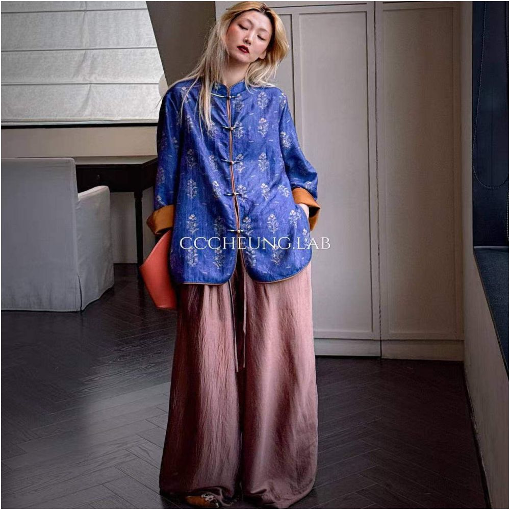 Xi Yi Wan Qing Guan New Chinese Jacquard Shirt Coat Wide Leg Pants Women s Set Two Piece Set 5DBV8122 image 0