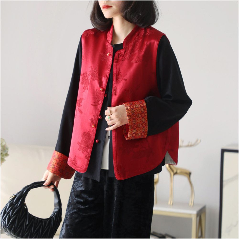 Clearance Sale Reversible Silk Jacquard Color Blocked New Chinese Style Vest Sleeveless Top image 1