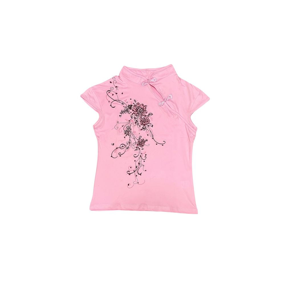 Retro improved cheongsam collar short sleeved T shirt with Chinese style design printed color blocking stand up collar buckle slim fit T shirt top image 3