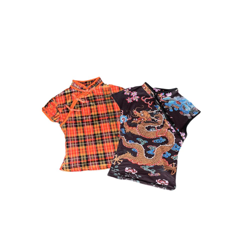 Retro improved cheongsam collar short sleeved T shirt with Chinese style design printed color blocking stand up collar buckle slim fit T shirt top image 4