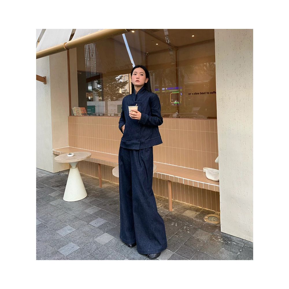 Deep Blue Cowboy Set for Women 2024 Autumn Retro New Chinese Style Pan Button Top Wide Leg Pants Two Piece Set image 2