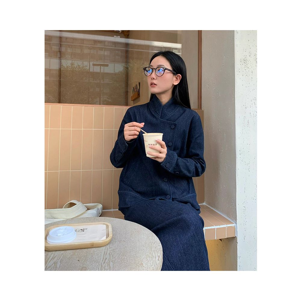 Deep Blue Cowboy Set for Women 2024 Autumn Retro New Chinese Style Pan Button Top Wide Leg Pants Two Piece Set image 4