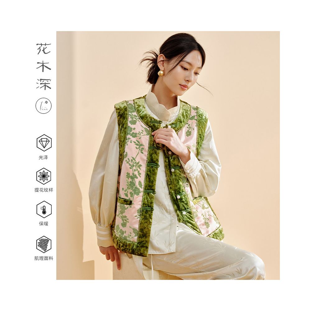 Hua Mu Shen Xin Chinese style thick vest Chinese style double breasted round neck camisole women s velvet patchwork jacquard vest image 1