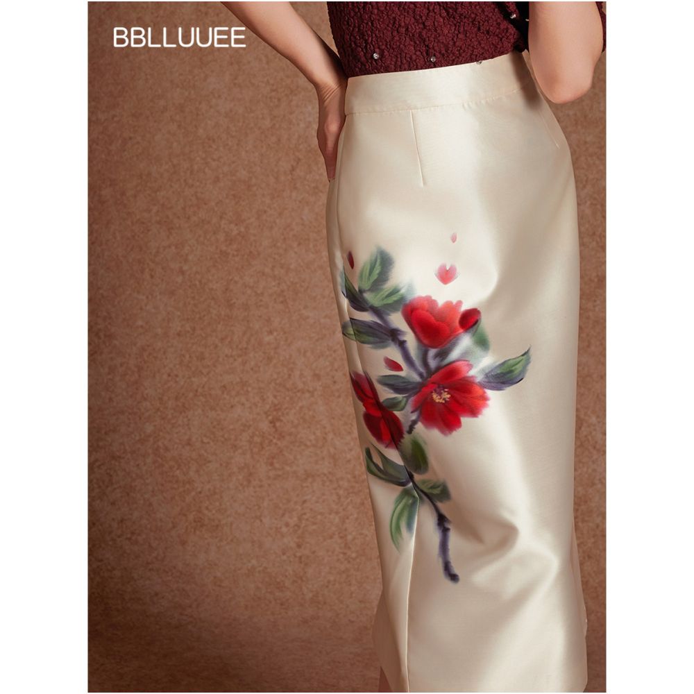 Painting screen on skirt pink and blue wardrobe 2026 spring outfit new Chinese style positioning floral embroidery straight tube skirt image 1
