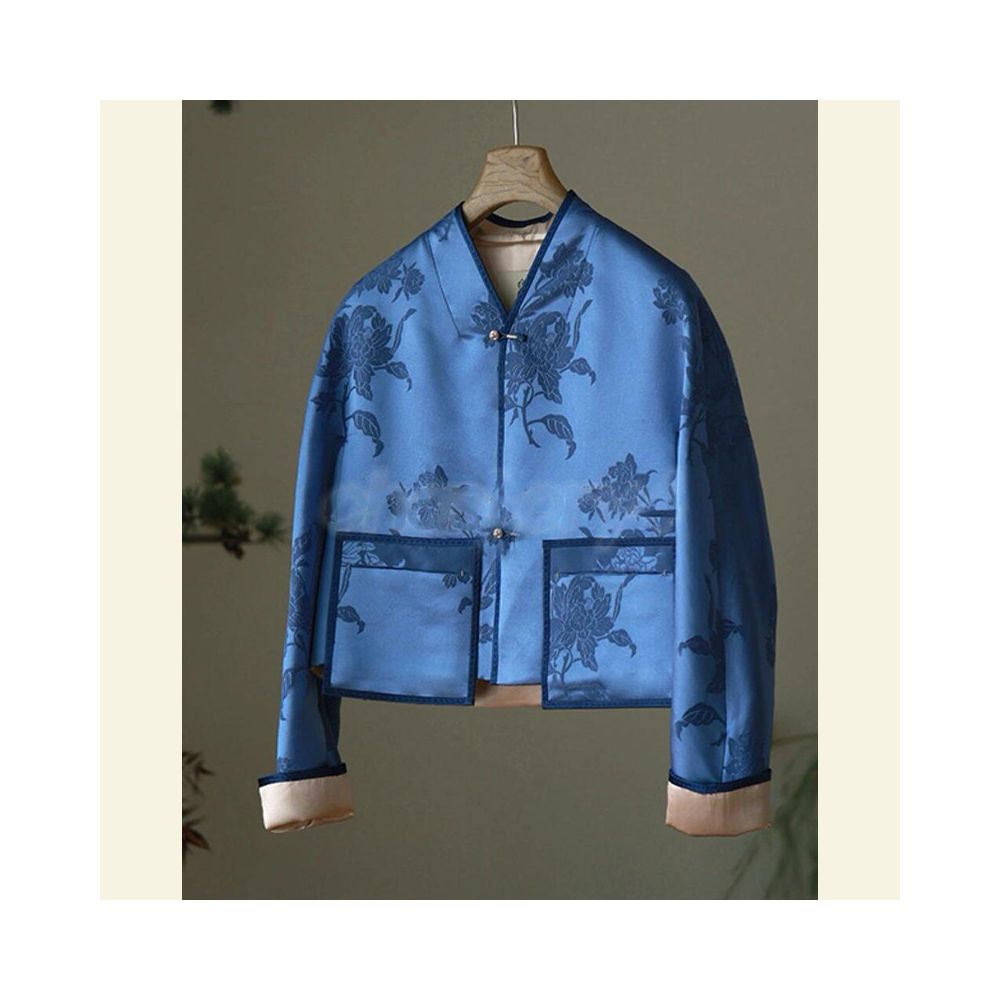 This year s popular trend is the high end Western style unique Chinese style and super beautiful blue short jacket for women with short stature image 0