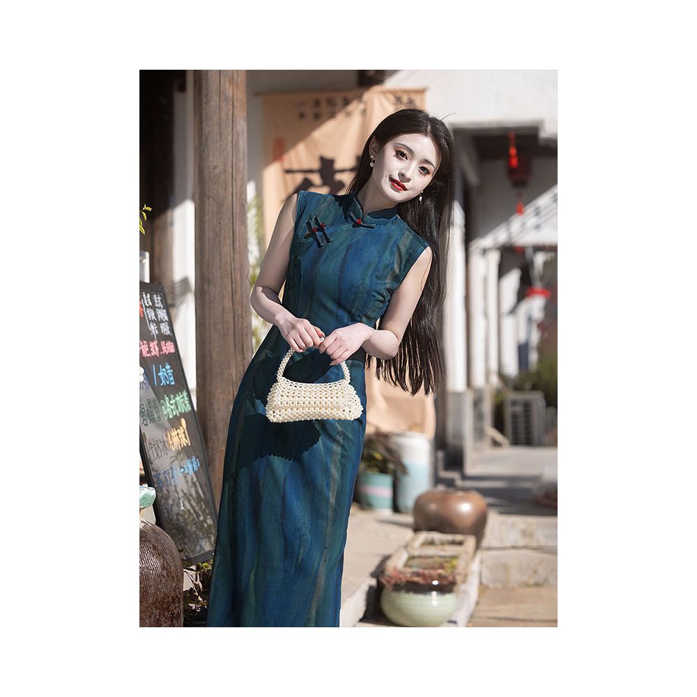 Simple Tailoring Old Time Tops Blue Sleeveless Cheongsam 2025 New Summer Style Republic of China New Chinese Style Women s image 0