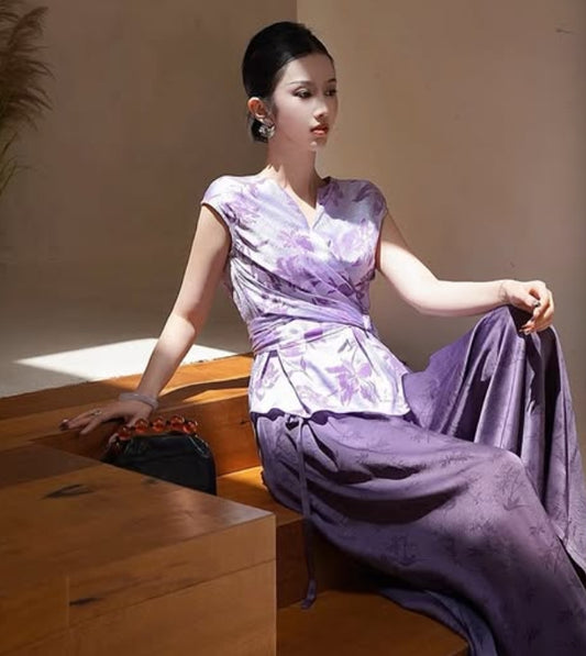 ASAYA3395 Purple Lily Cloud Brocade Jacquard Top Wide Leg Pants Skirt Set