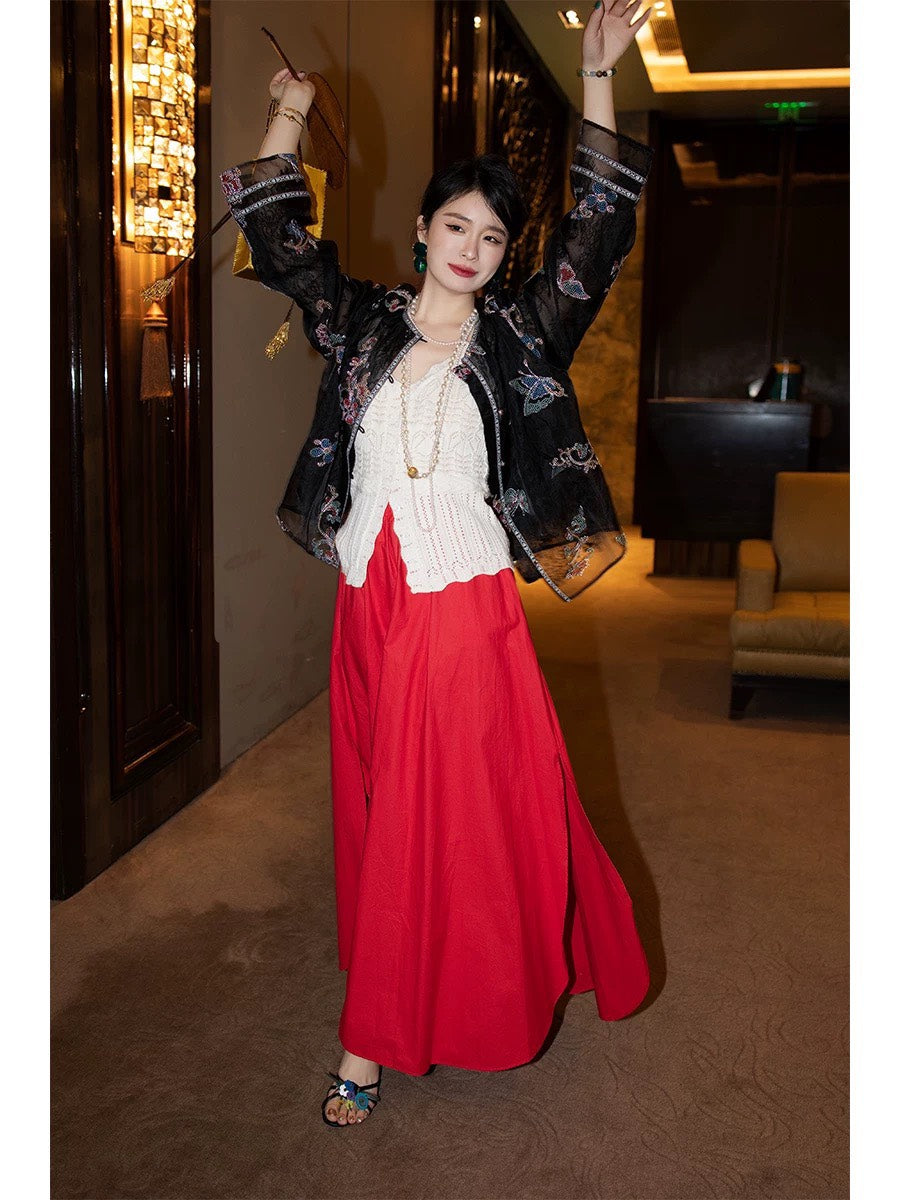 ASAYA6589 – Scarlet Flow Maxi Skirt ❤️🔥
