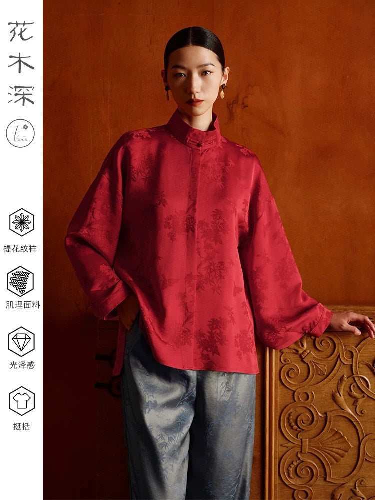 ASAYA4899 – Crimson Radiance Jacquard Top 🌹✨