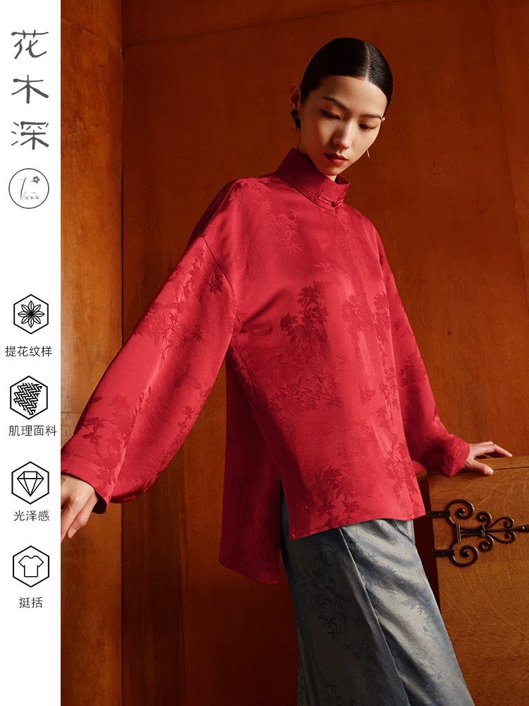 ASAYA4899 – Crimson Radiance Jacquard Top 🌹✨